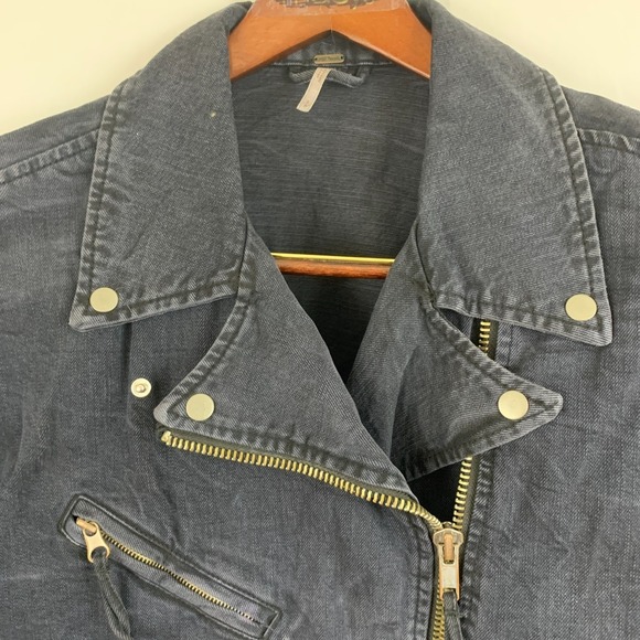 Free People Denim Moto Jacket Womens Small Black Oversized Corset Lace-Up Sides - Picture 9 of 16